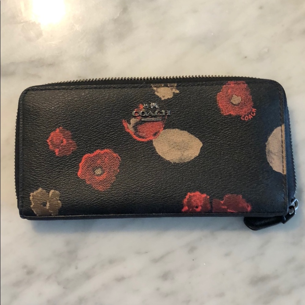Coach black red beige floral wallet NWT